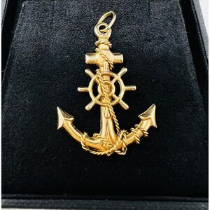 14K Yellow Gold Nautical Anchor Ship Wheel Rope Pendant Charm 2g